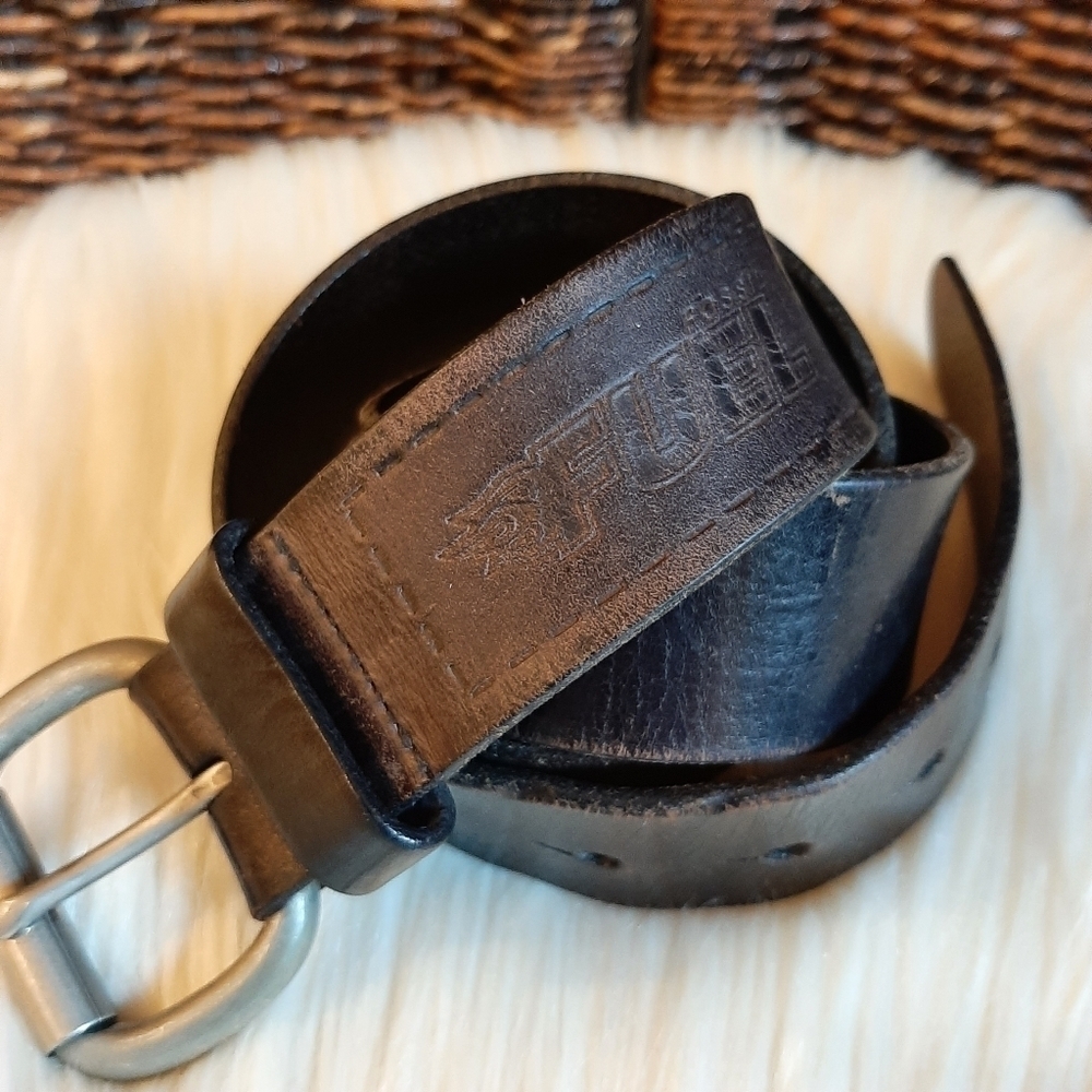 Fossil Fuel Distressed Brown Leather Belt Unisex Men's 34 Women's Brass Boho